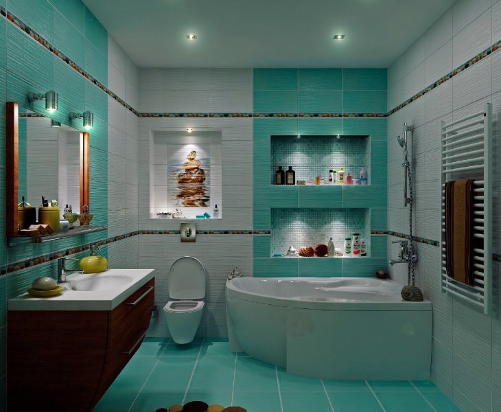 Azulejo turquesa en el interior del baño combinado.