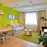 Mur vert dans la cuisine-salon