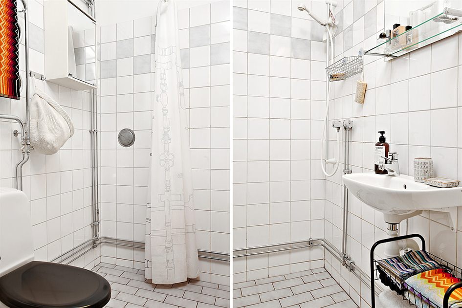 Järjestely pieni putkisto, jossa suihku ja wc