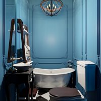 Molduras en las paredes azules del baño.