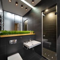 Diseño de un baño moderno en color oscuro.