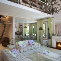 Rideaux verts dans le salon avec cheminée