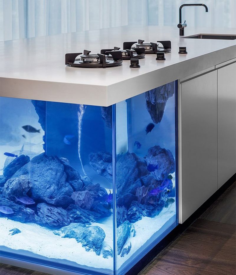 Acuario integrado en la isla de la cocina.