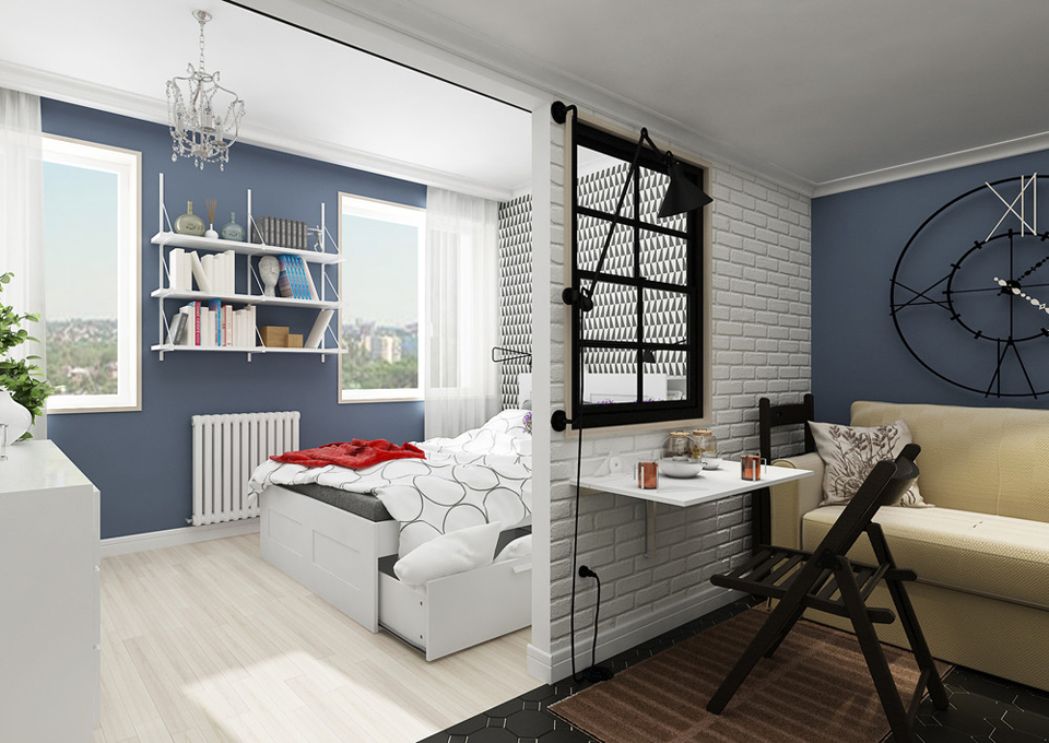 Cloison interne avec une fenêtre à l'intérieur d'un petit appartement