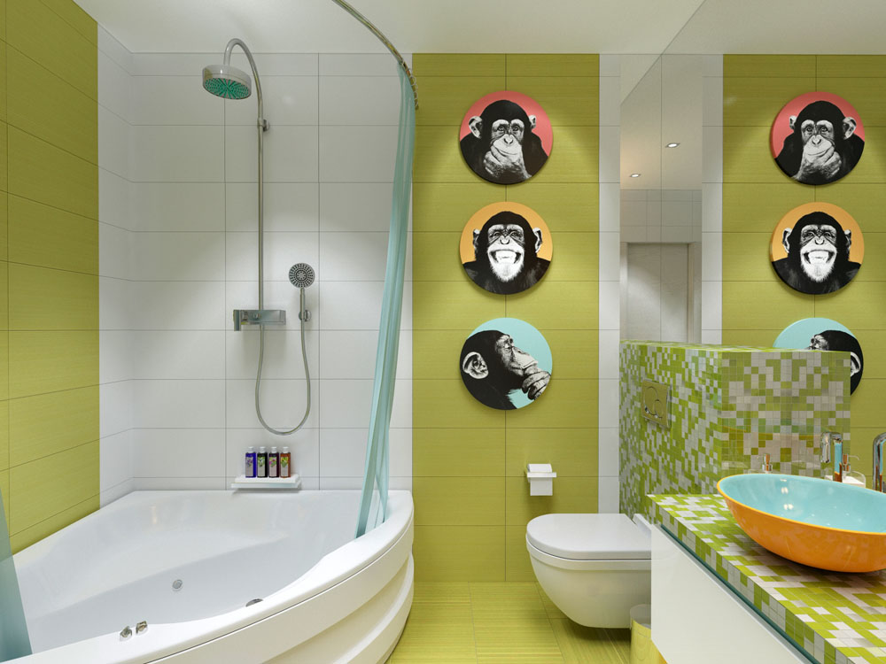Cuadros con monos en la pared del baño