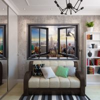 Fenêtre avec paysage urbain sur le mur d'une maison rurale