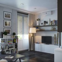 Étagères ouvertes dans le salon d'un appartement en ville
