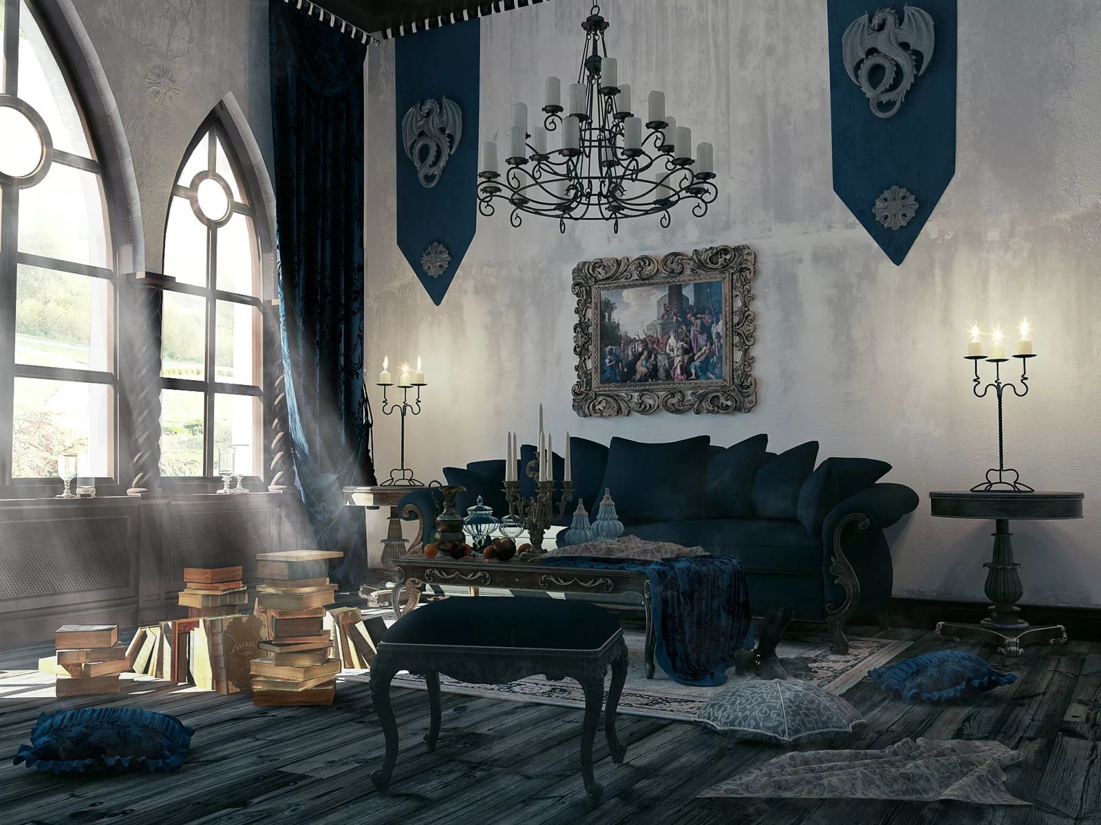Salón gótico tenue iluminación