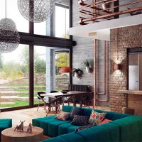 Salon d'une maison de campagne avec fenêtres panoramiques