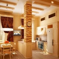 Colonnes en pierre dans la cuisine-salon