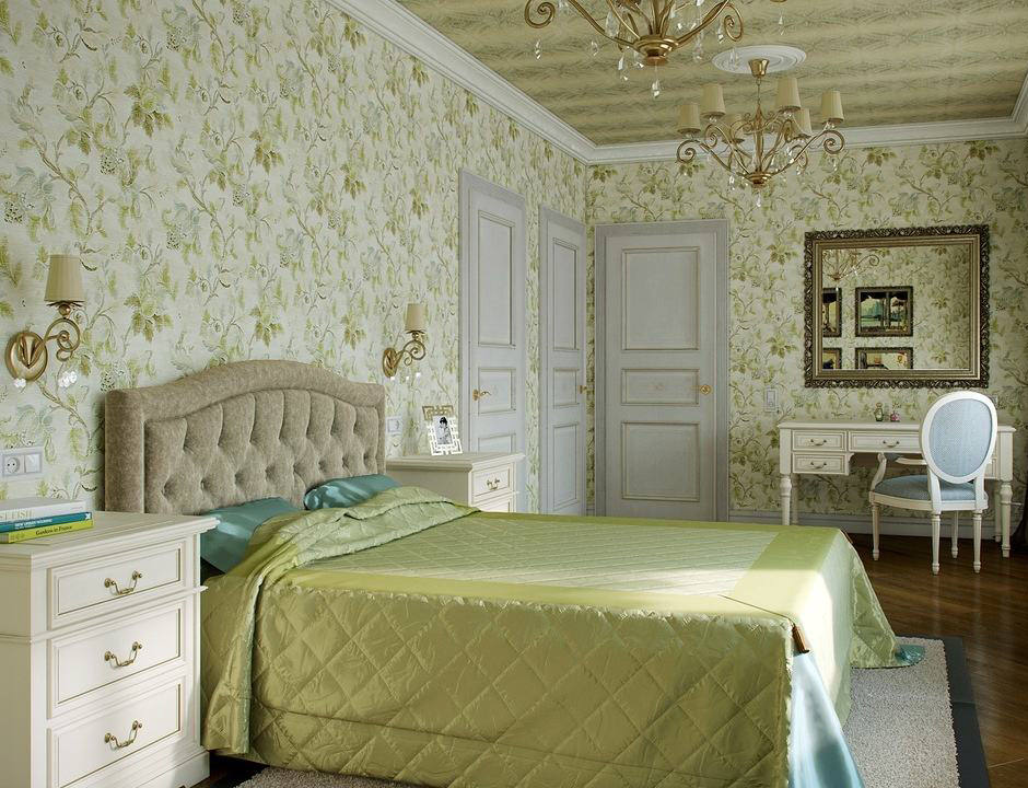 Habitación de estilo clásico con papel tapiz floral.