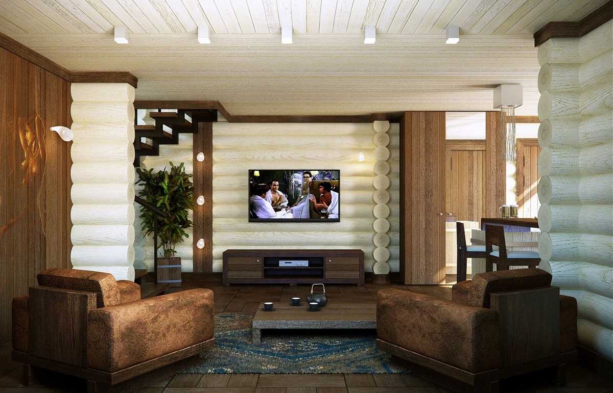 Projekt jasnego salonu w domu z bali