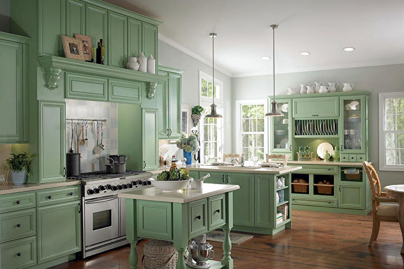 Juego de cocina en verde claro.