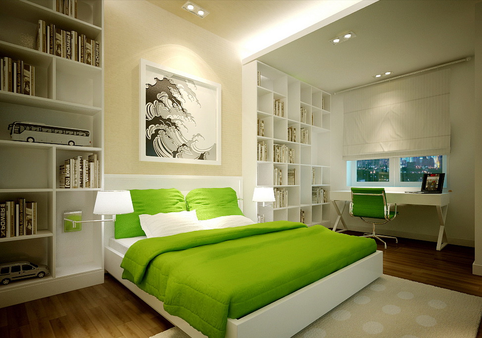 Colcha verde sobre una cama blanca