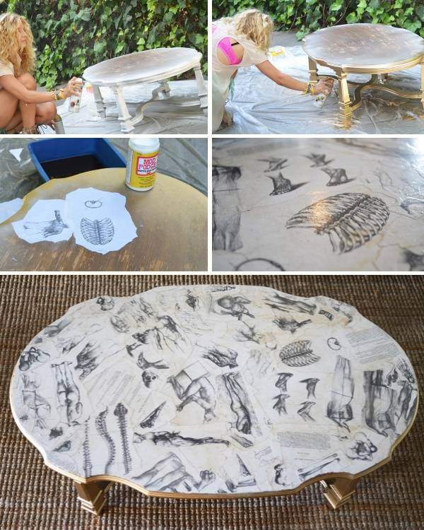El proceso de decorar una mesa de café usando la técnica de decoupage
