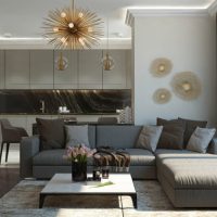 Cuisine-salon dans les tons de gris
