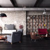 Salon style loft avec étagères