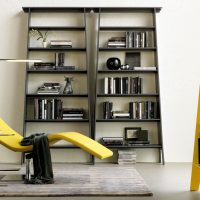 Fauteuil jaune et bibliothèque noire