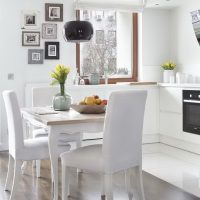 Conception d'une cuisine blanche comme neige dans une maison à panneaux