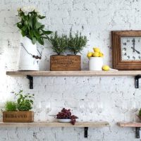 Étagères en bois avec des plantes vivantes