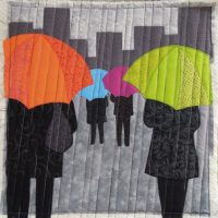 Pintura con transeúntes bajo la lluvia para decoración de interiores.