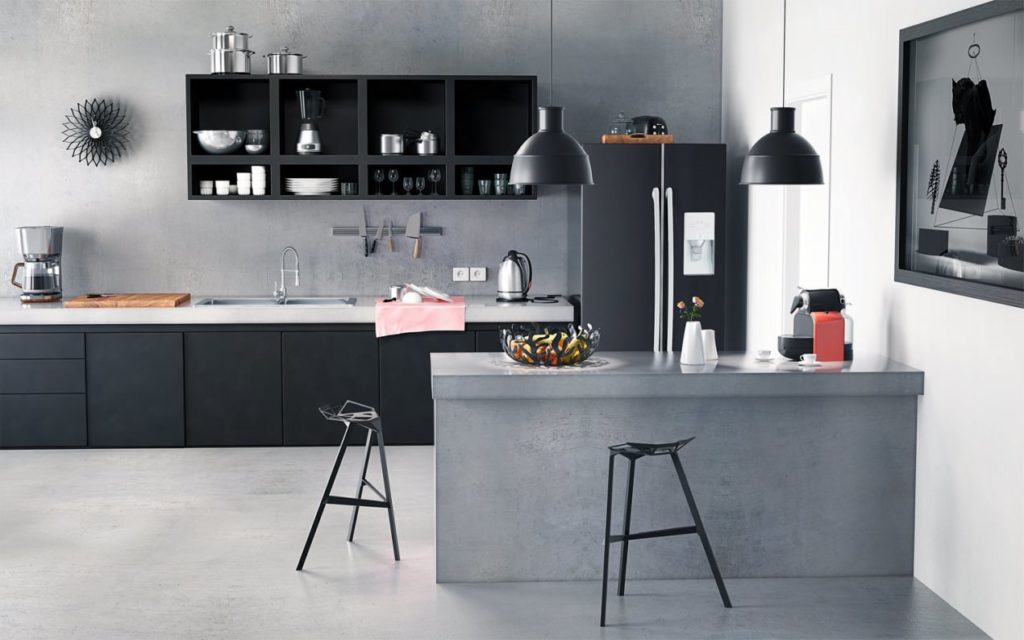 Intérieur de cuisine en gris et blanc