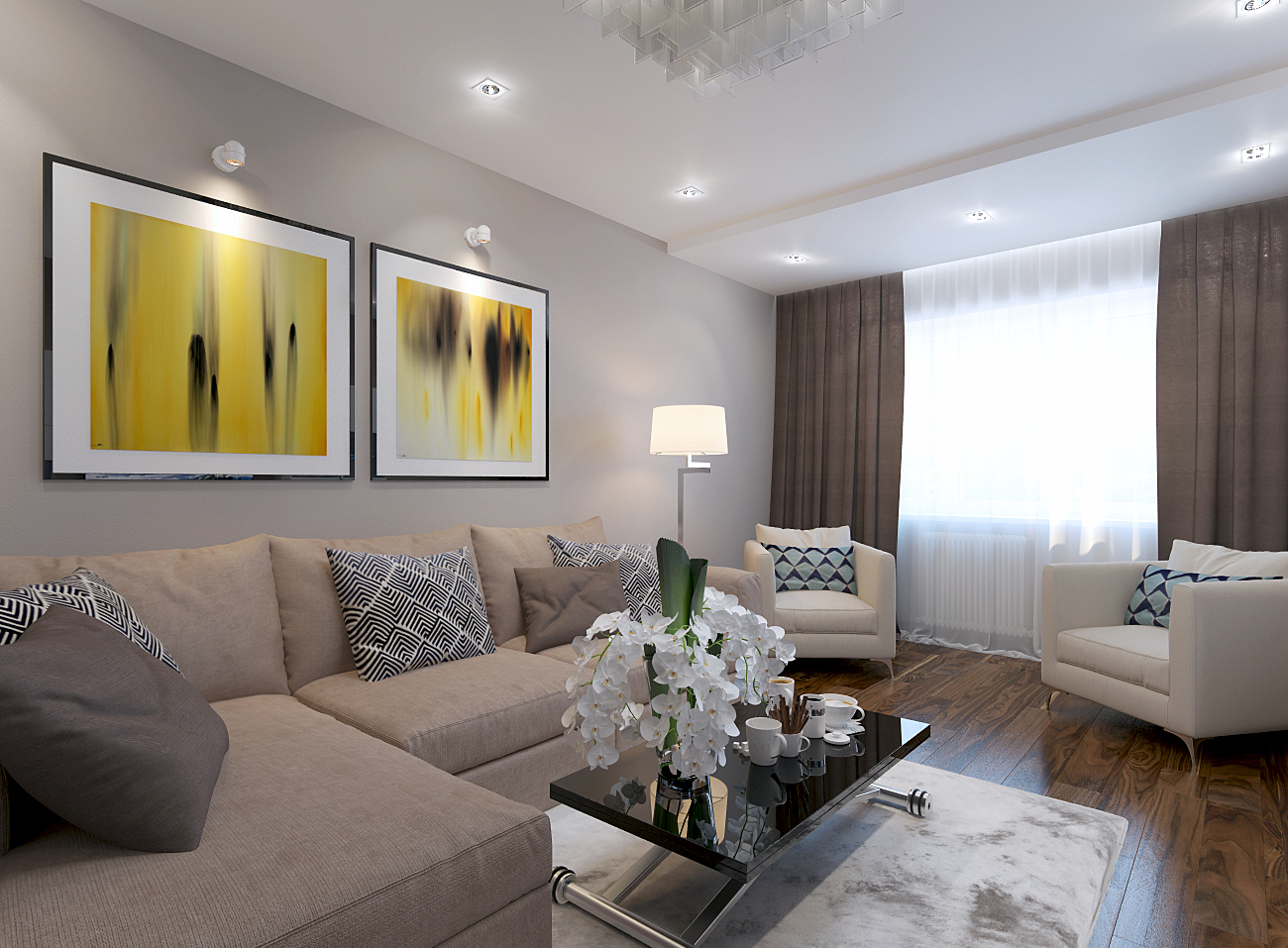 Peintures modulaires sur le mur du salon dans un style moderne