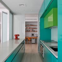 Cuisine allongée aux façades turquoises