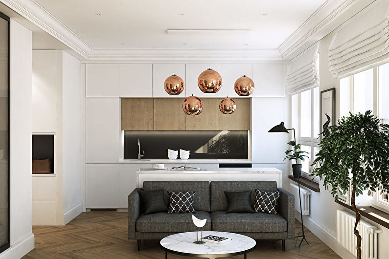 Suite linéaire dans la cuisine-salon d'un style moderne